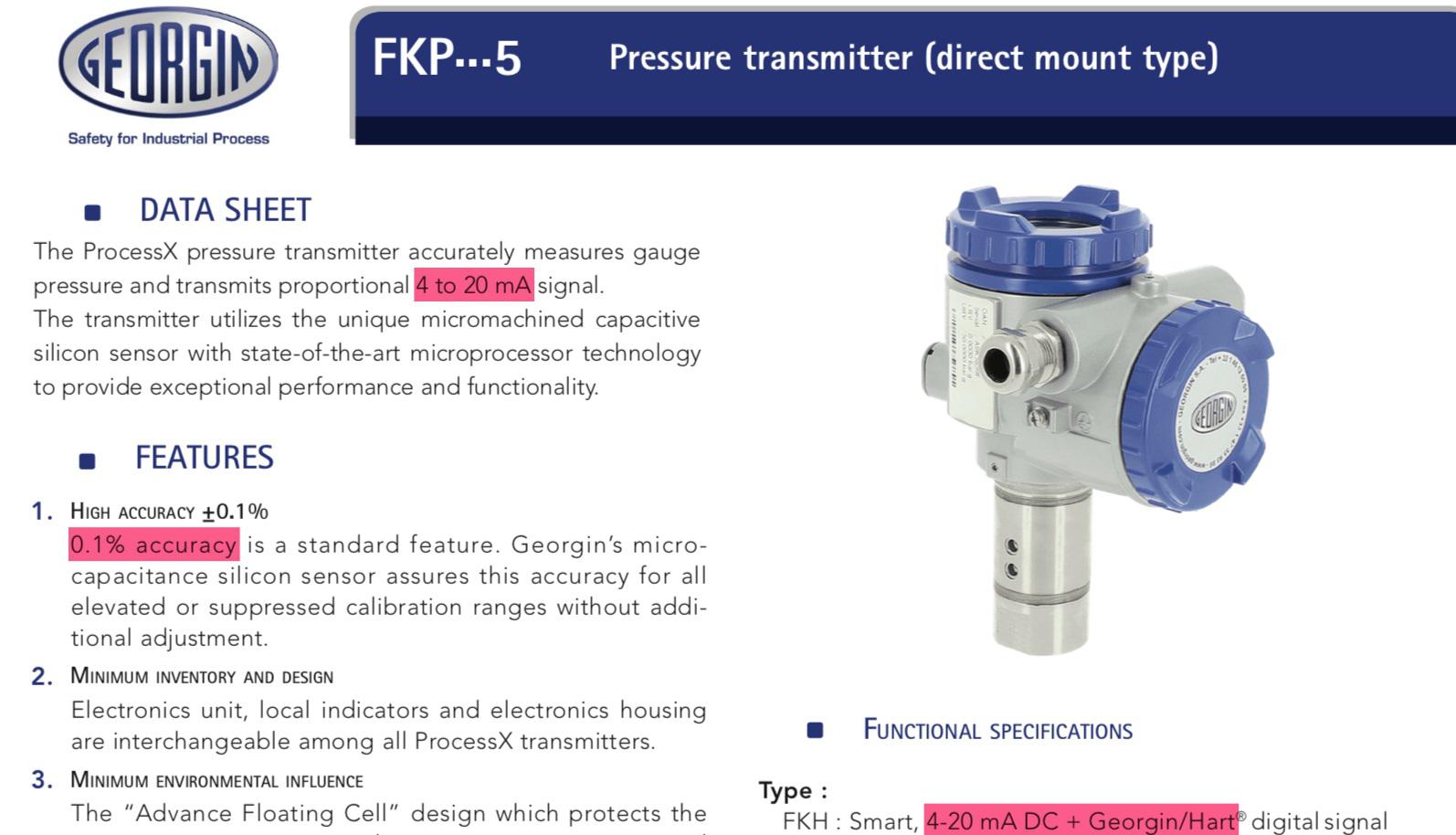 Sai số và tín hiệu ngõ ra của cảm biến áp suất FKP được ghi rõ trong tài liệu