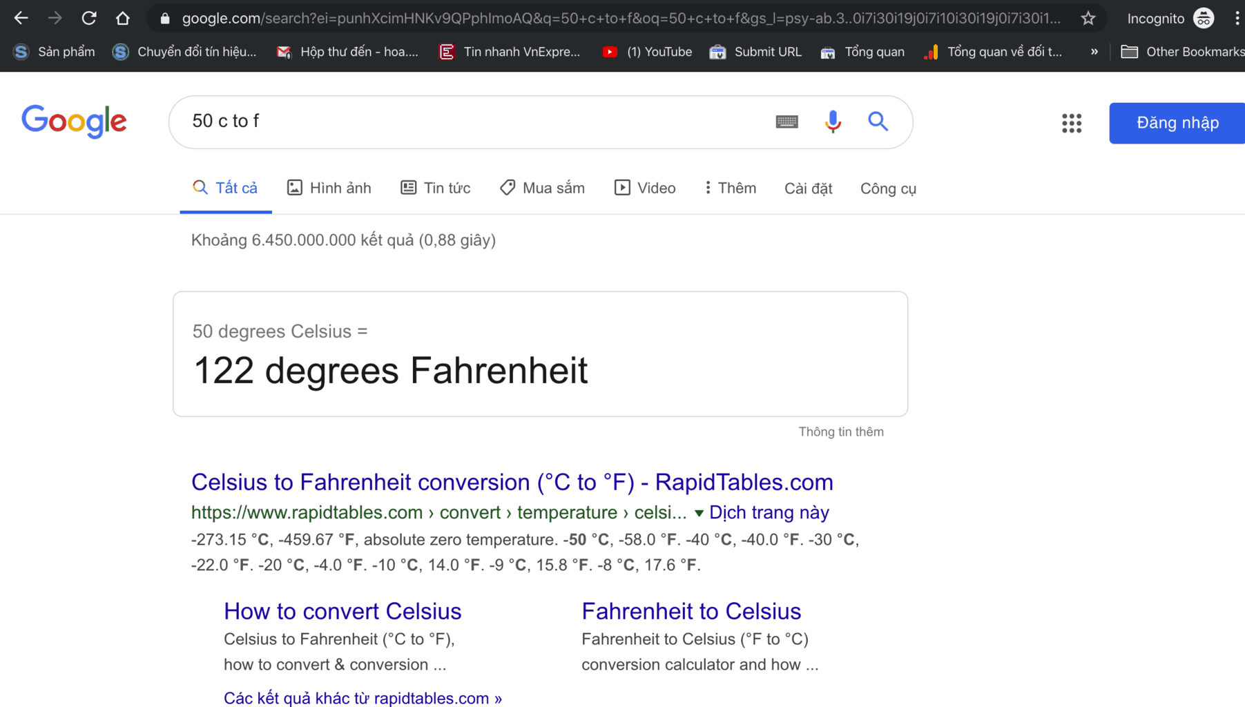 Chuyển đổi độ C sang F bằng google tìm kiếm