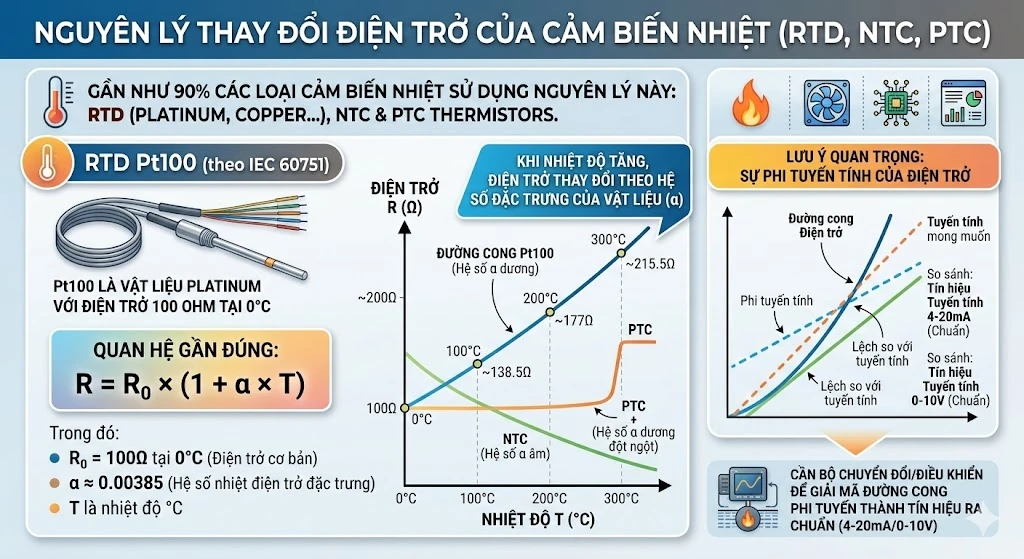 Nguyên lý thay đổi điện trở của cảm biến nhiệt RTD Pt100, NTC và PTC