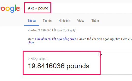 Chuyển đổi pound sang kilôgam qua Google