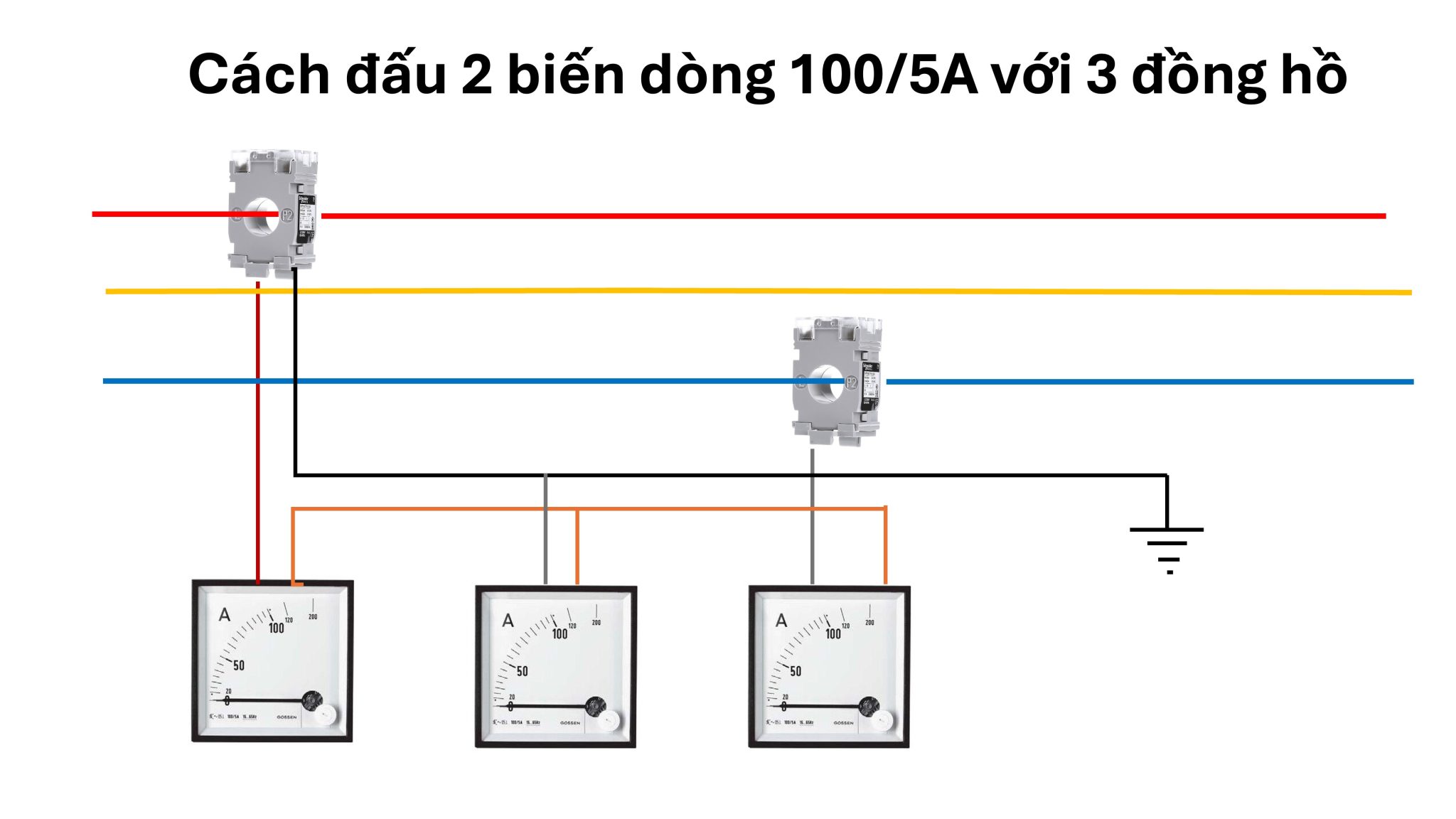 Cách đấu biến dòng 100/5A với hai đồng hồ Ampe