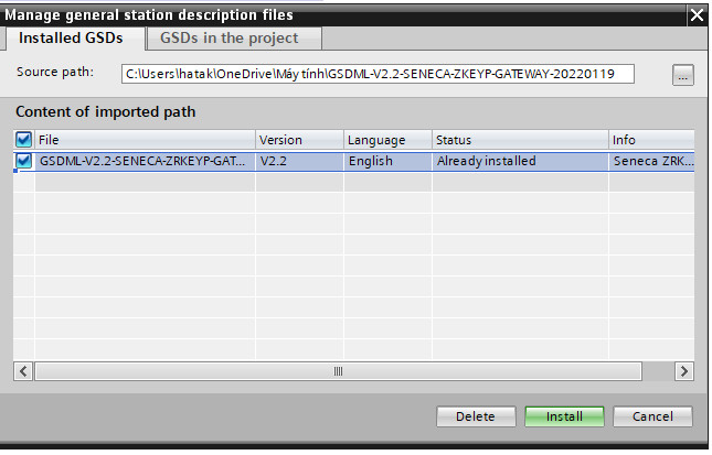 load file GSD đã giải nén vào phần mềm TIA Portal
