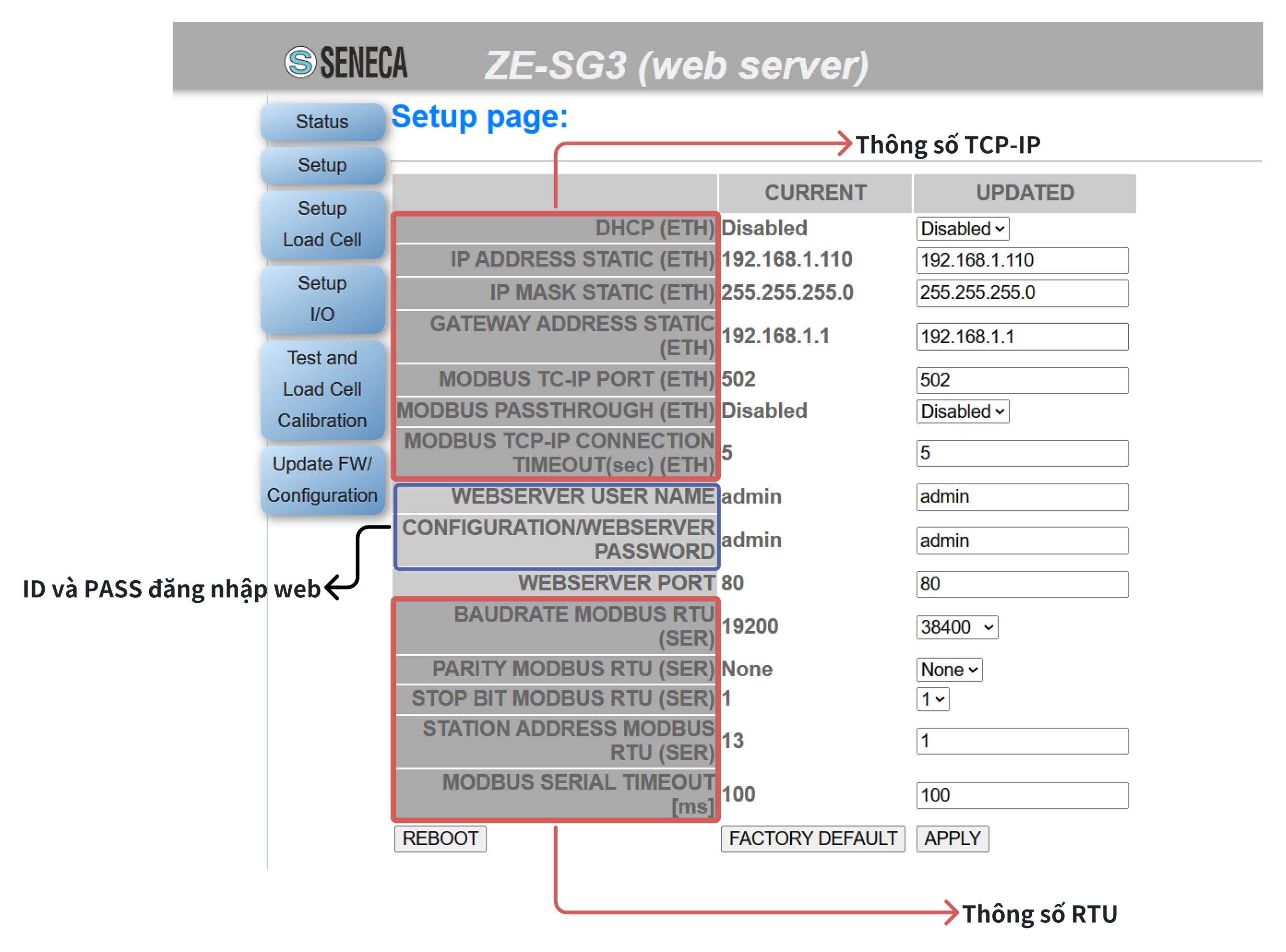 Giao diện Set up của Web Server ZE-SG3