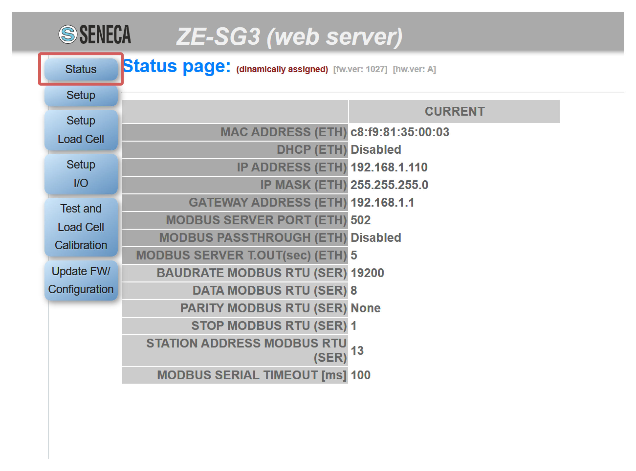 Giao diện Status của Web Server ZE-SG3