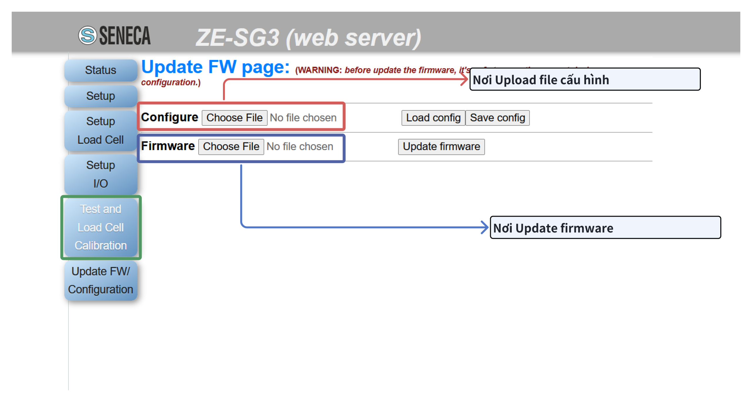 Giao diện Update Fw và Config của ZE-SG3