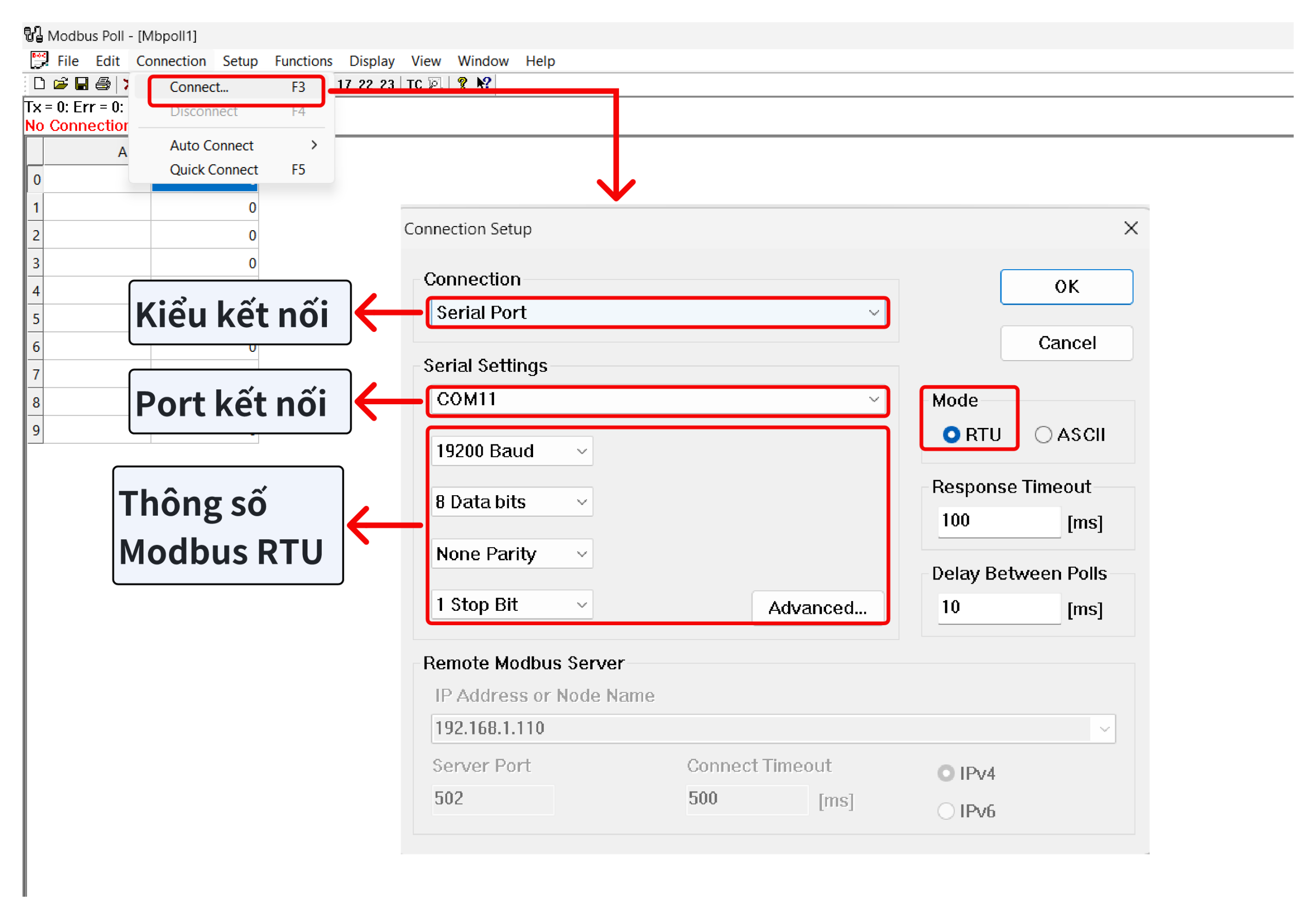 Truy cập hộp thoại Connection của Modbus Poll