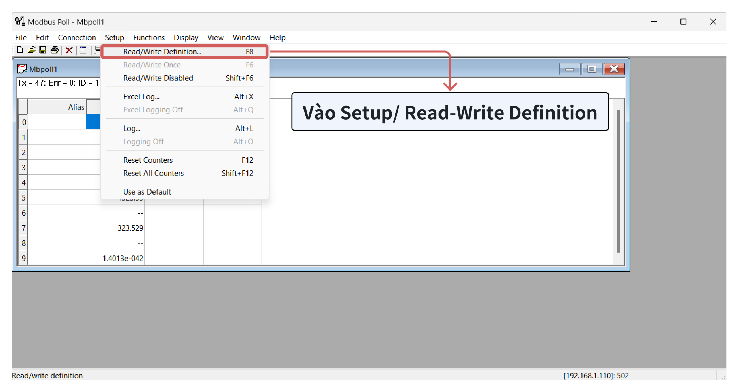 Truy cập vào Lệnh Read hoặc Write trong Modbus Poll