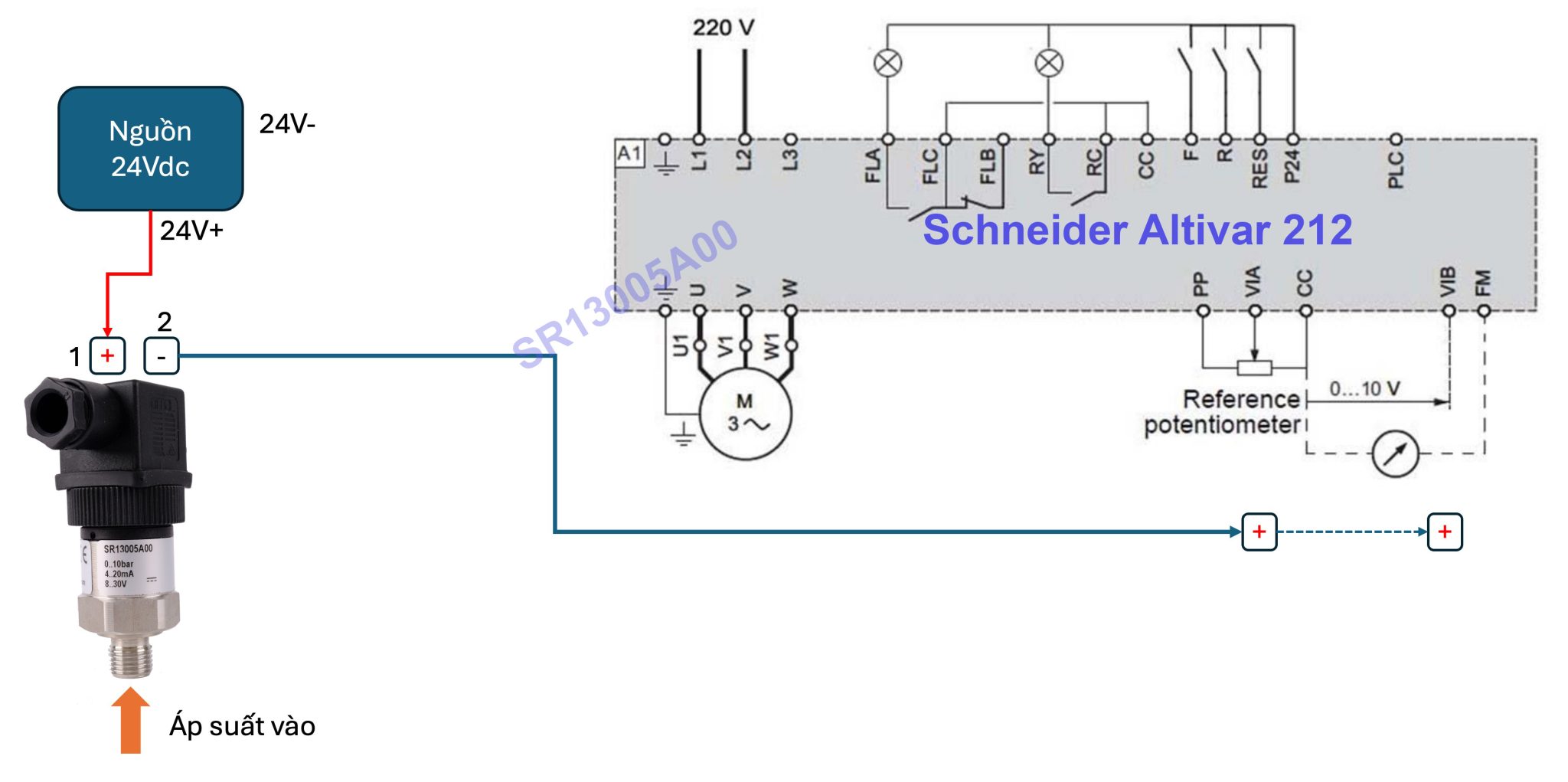 Sơ đồ cảm biến áp suất với biến tần Schneider Altivar 212