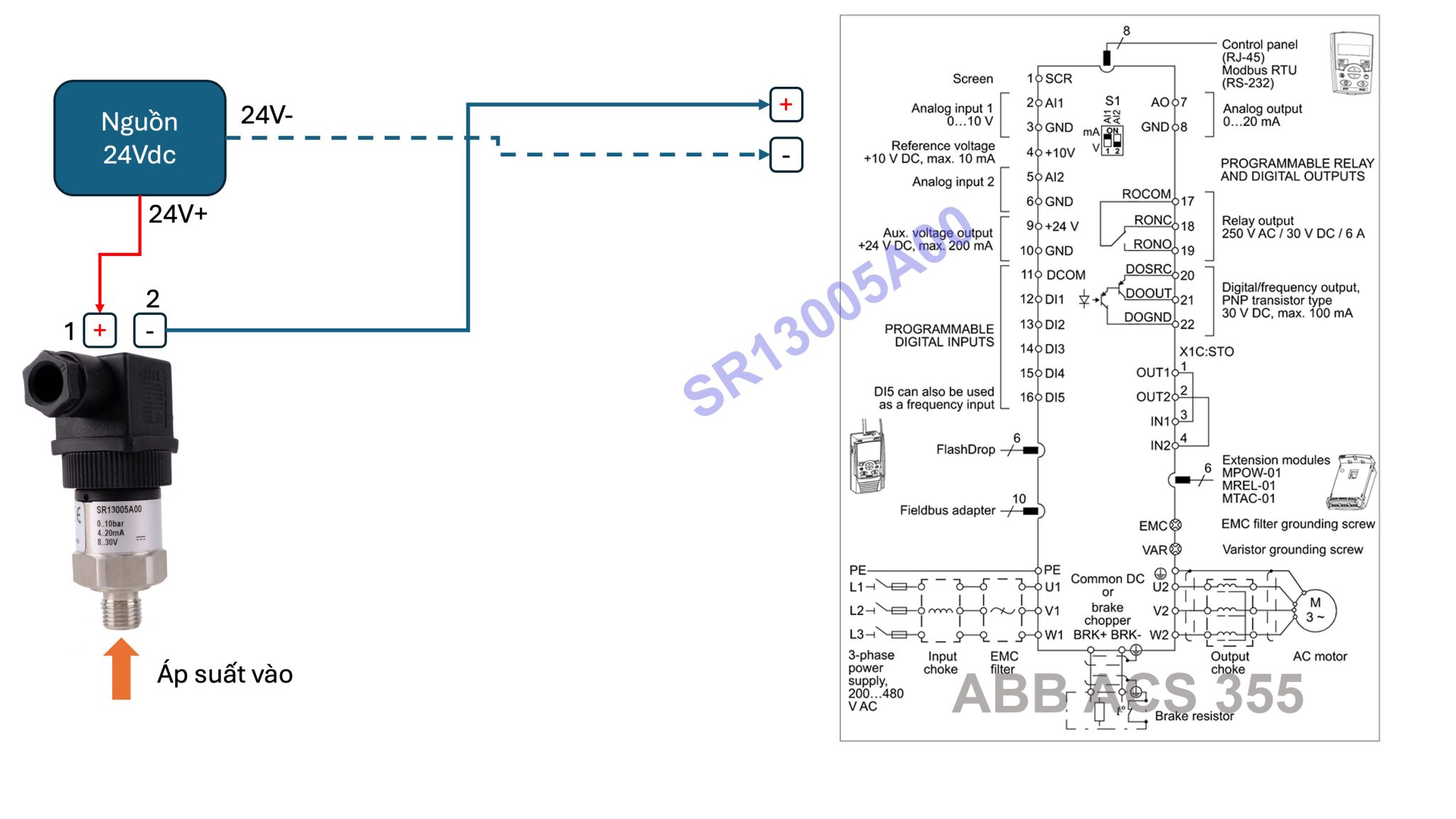 Sơ đồ cảm biến áp suất với biến tần ABB ACS355