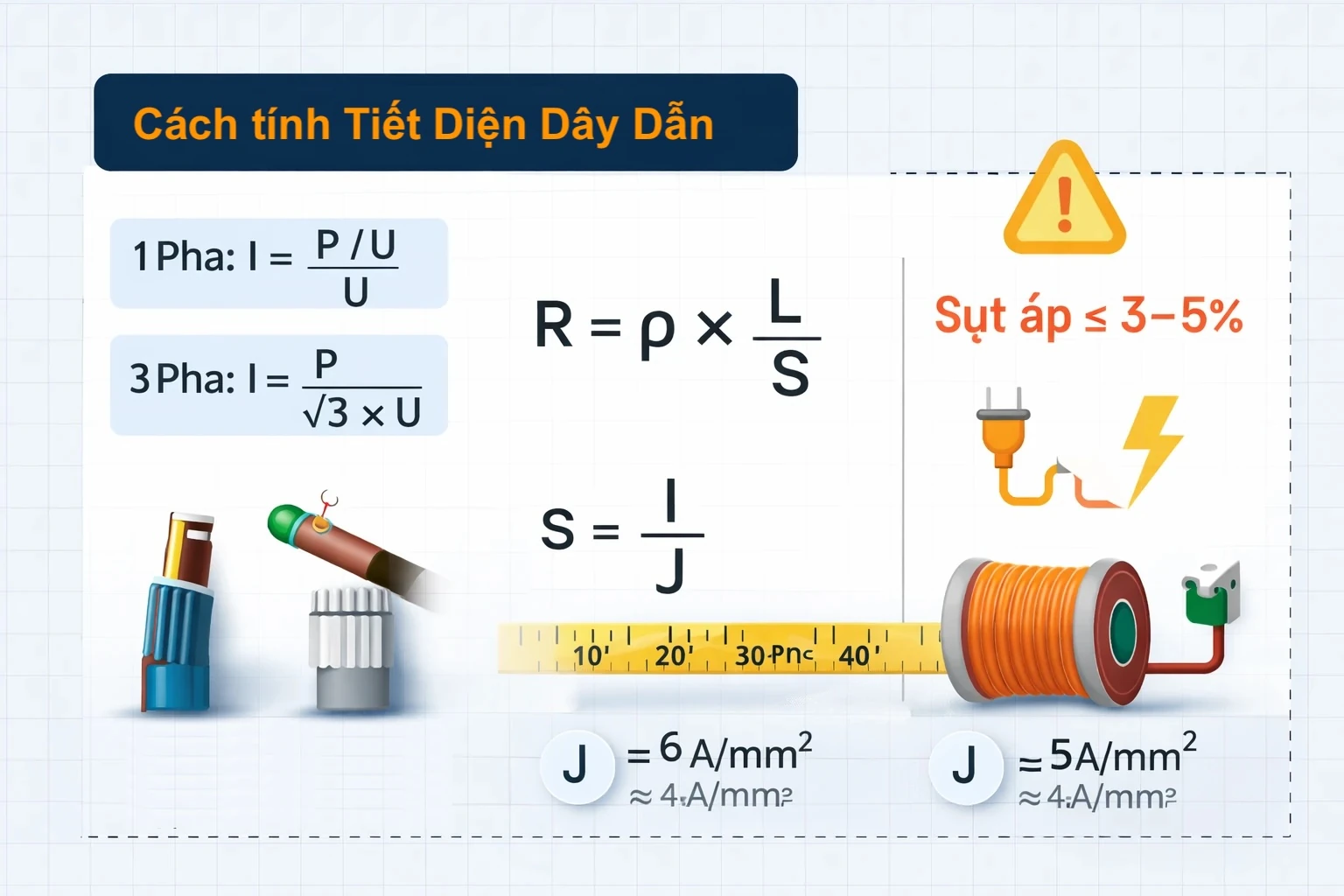 Cách tính tiết diện dây dẫn – công thức dòng điện, sụt áp và chọn dây mm²