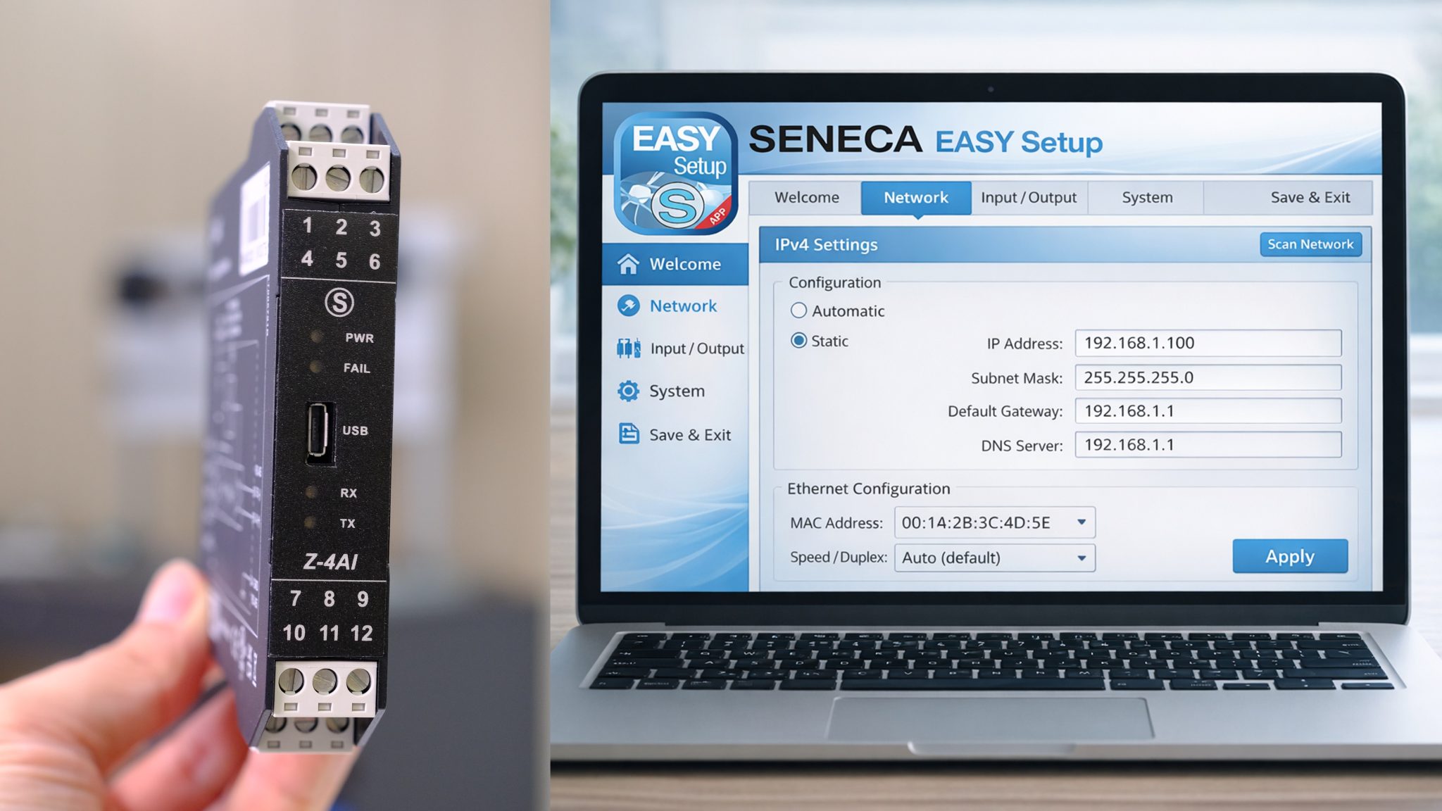 Phần mềm Easy Setup cấu hình Z-4AI Seneca đọc tín hiệu analog Modbus