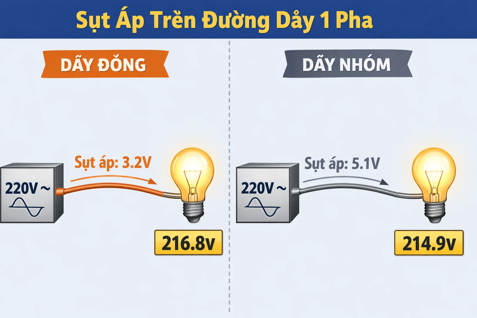 Mô tả sụt áp điện 1 pha khi dùng dây đồng và dây nhôm