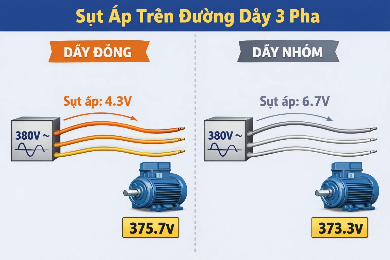 So sánh sụt áp trên đường dây điện 3 pha giữa dây đồng và dây nhôm