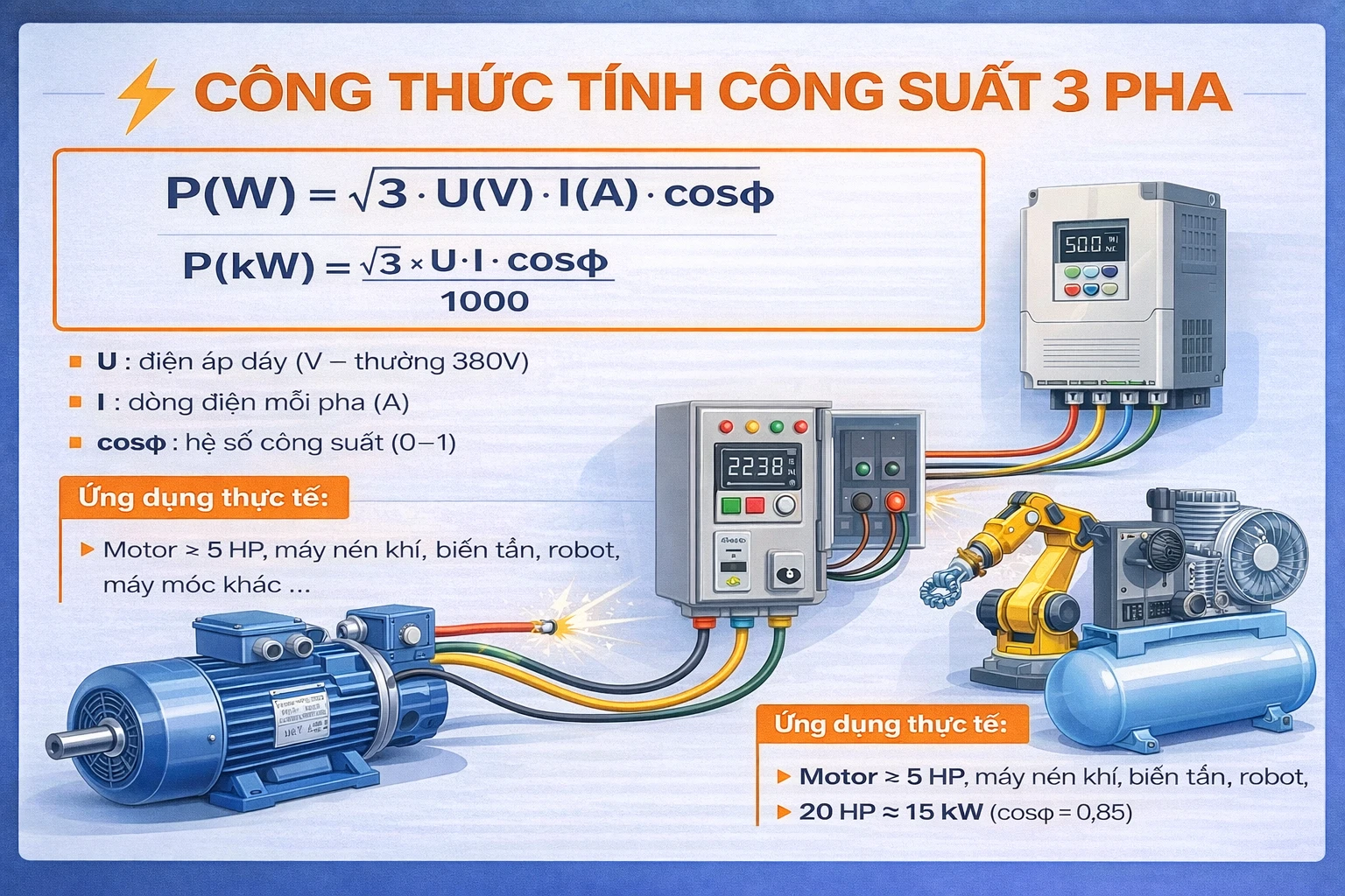 Công thức tính công suất 3 pha P = √3 × U × I × cosφ – ứng dụng cho motor và thiết bị công nghiệp