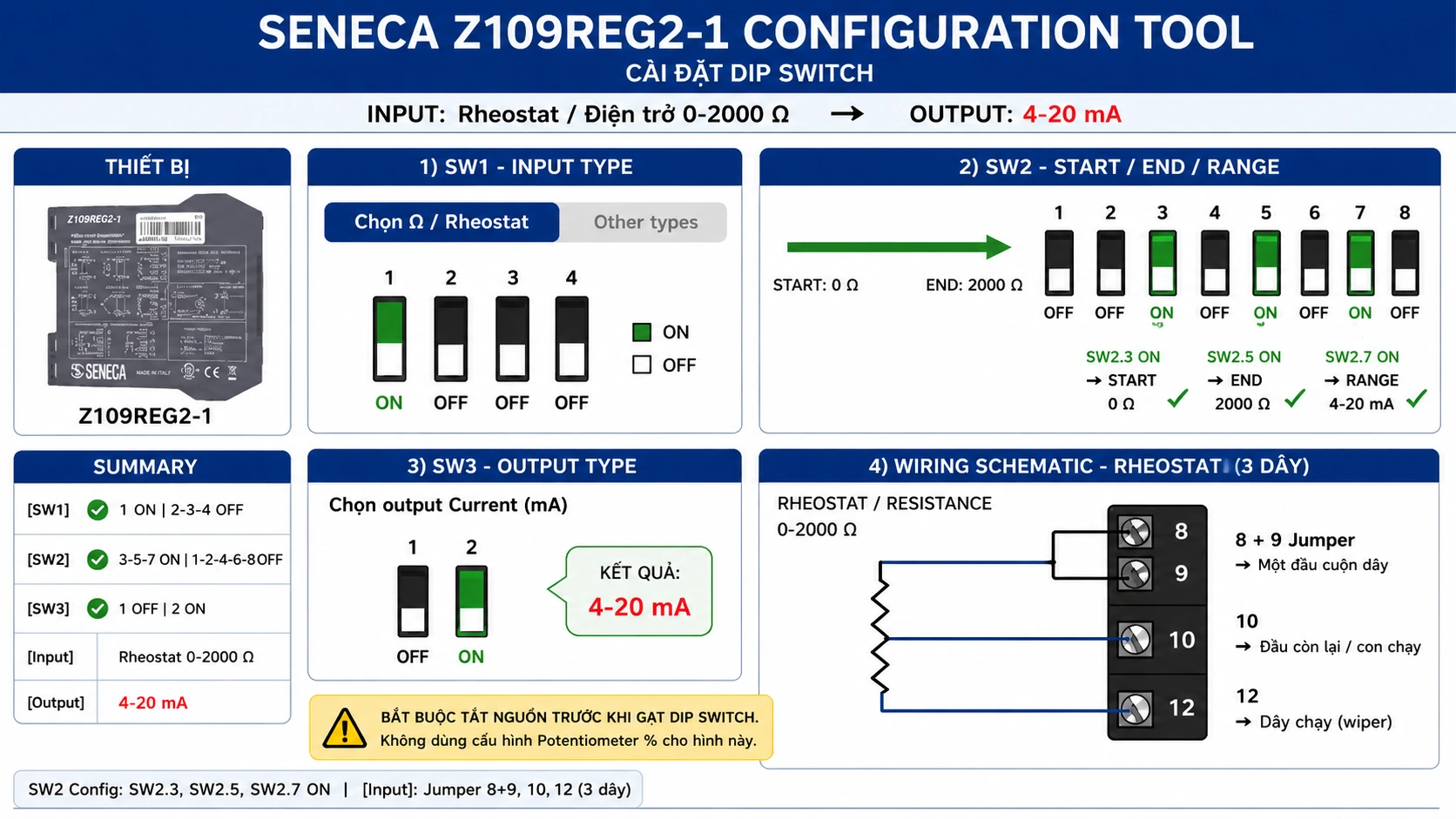 Cách đấu biến trở 3 dây với bộ chuyển đổi biến trở sang 4-20mA Z109REG2-1