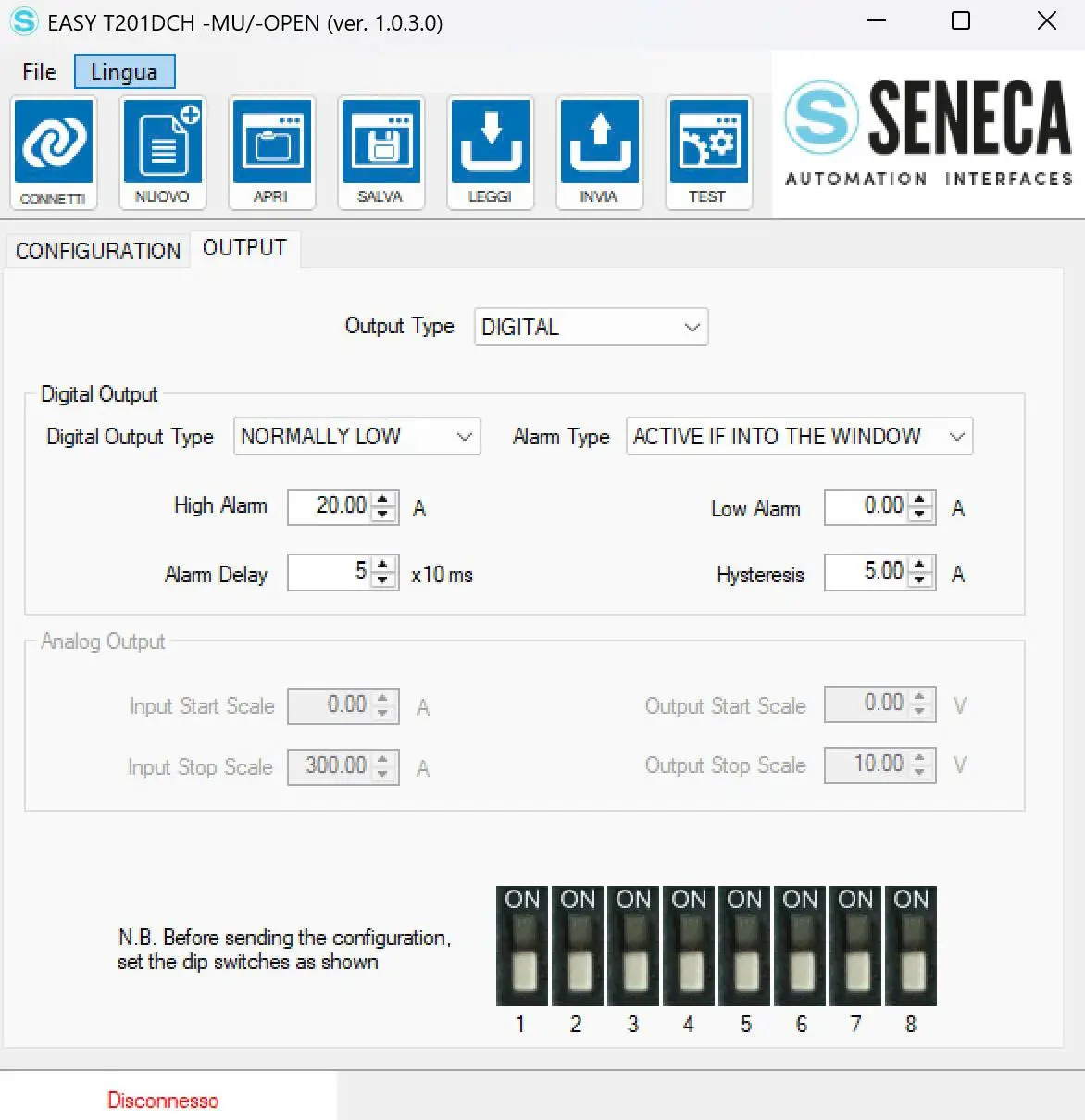 Cài đặt ngưỡng cảnh báo dòng điện High Alarm, Hysteresis và Alarm Delay bằng SENECA Easy Setup