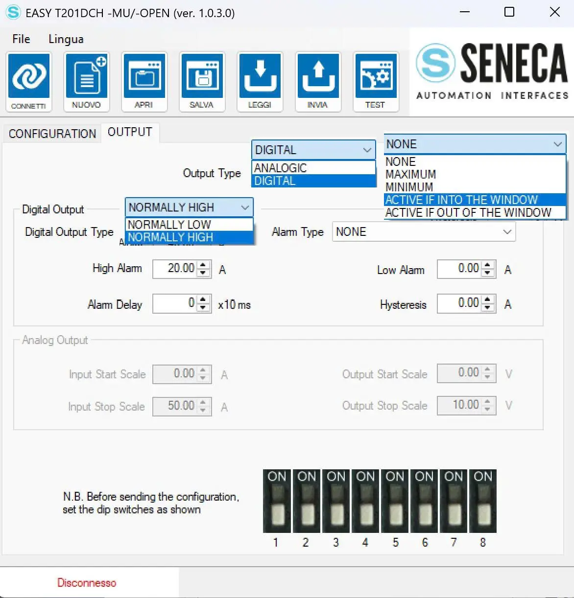 Cài đặt ngưỡng cảnh báo dòng điện High Alarm, Hysteresis và Alarm Delay bằng SENECA Easy Setup